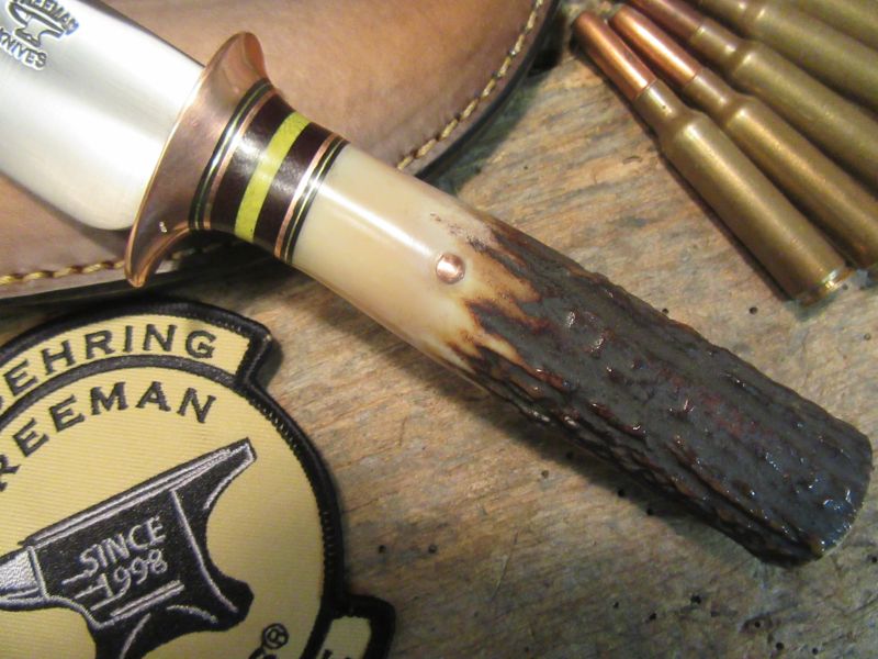    J. Behring Big Bay Hunter 5" Blade Copper Guard Red Stag Handle 