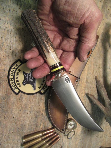    J. Behring Big Bay Hunter 5" Blade Copper Guard Red Stag Handle 