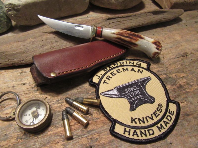      Treeman J. Behring Handmade Trout Knife Sambar Stag Dommed Brass butt 