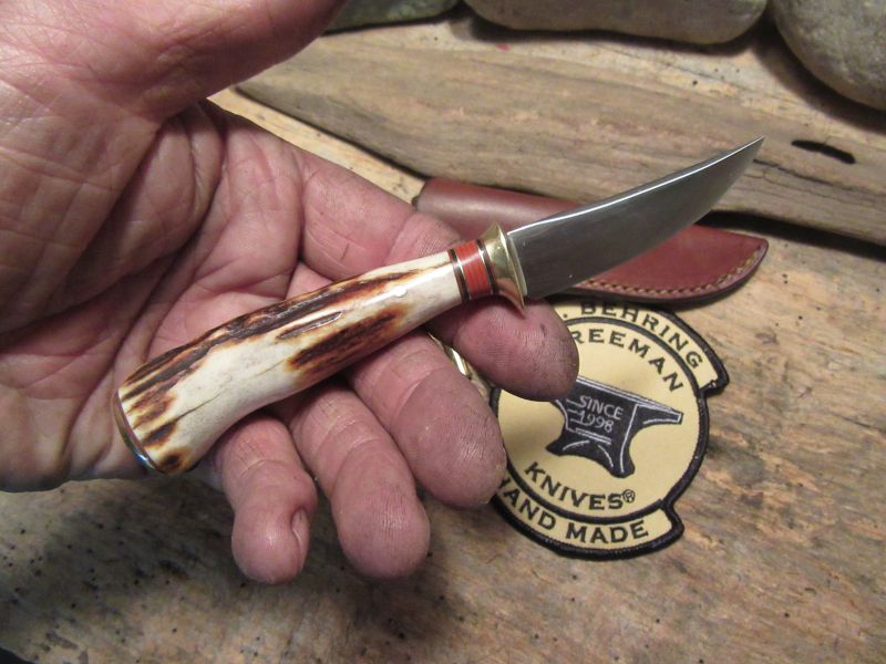      Treeman J. Behring Handmade Trout Knife Sambar Stag Dommed Brass butt 
