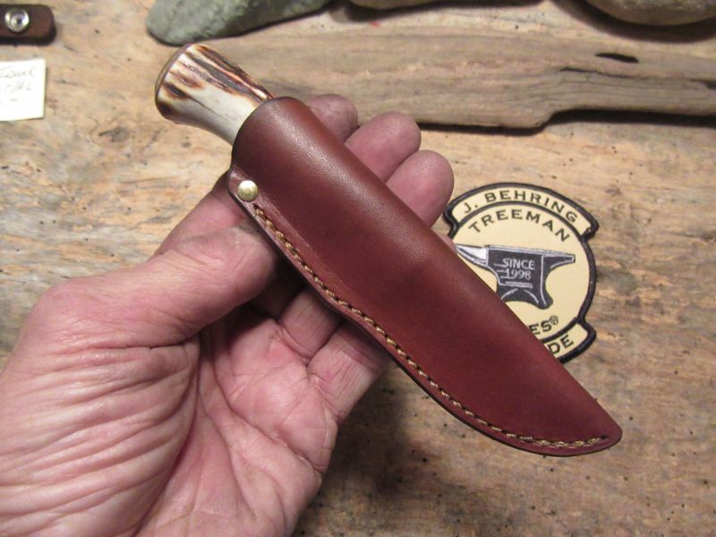      Treeman J. Behring Handmade Trout Knife Sambar Stag Dommed Brass butt 