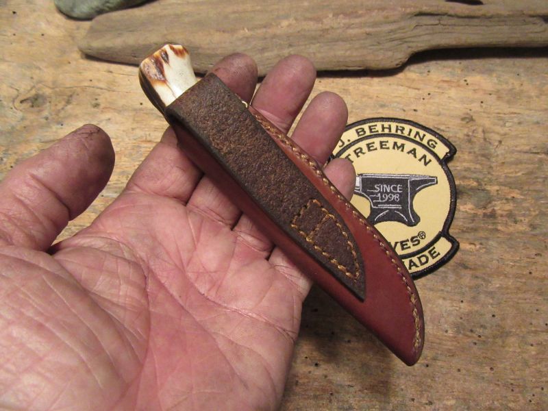      Treeman J. Behring Handmade Trout Knife Sambar Stag Dommed Brass butt 