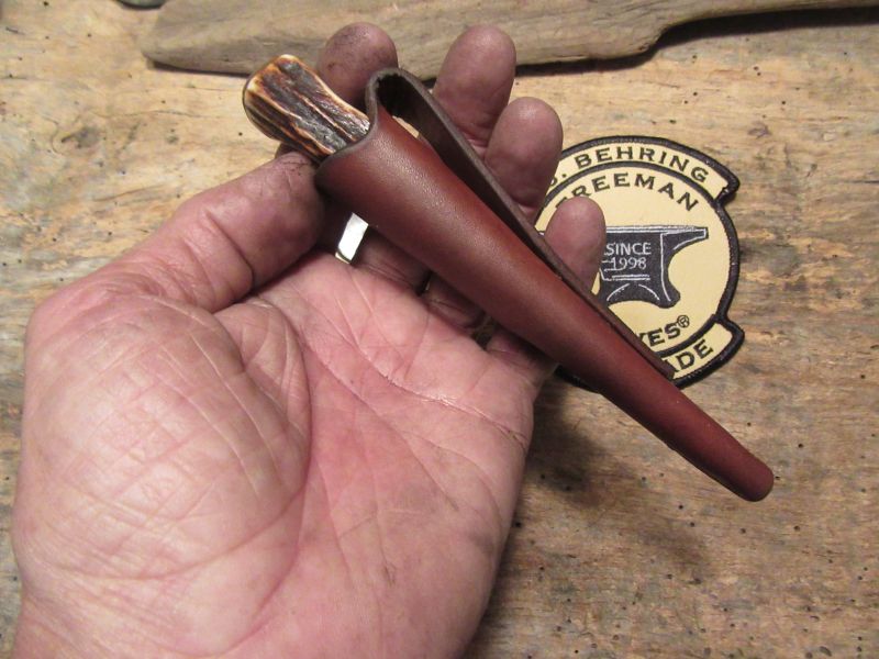      Treeman J. Behring Handmade Trout Knife Sambar Stag Dommed Brass butt 