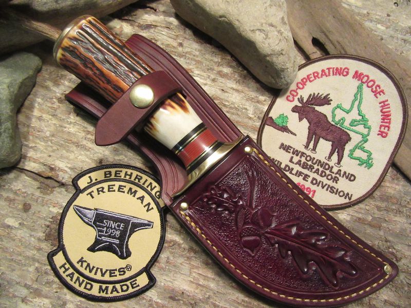  J.Behring Handmade BIG FATTY HUNTER  RED Stag Acorn & Oak Leaf Sheath 