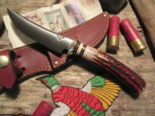   J. Behring Handmade Trout & Deer RED Stag 4.5" Blade 