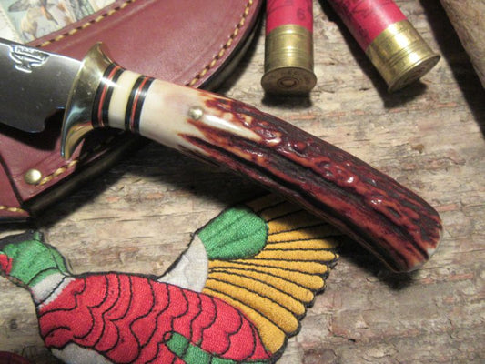   J. Behring Handmade Trout & Deer RED Stag 4.5" Blade 