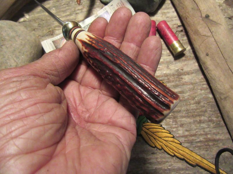   J. Behring Handmade Trout & Deer RED Stag 4.5" Blade 