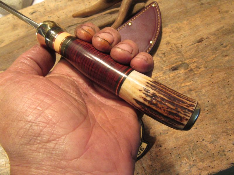   Big Six 6" Hunter Drop Tine sambar Stag Horsehide brass guard and butt cap. 