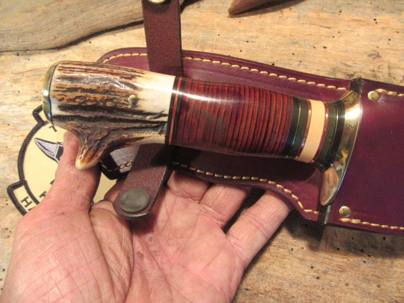   Big Six 6" Hunter Drop Tine sambar Stag Horsehide brass guard and butt cap. 