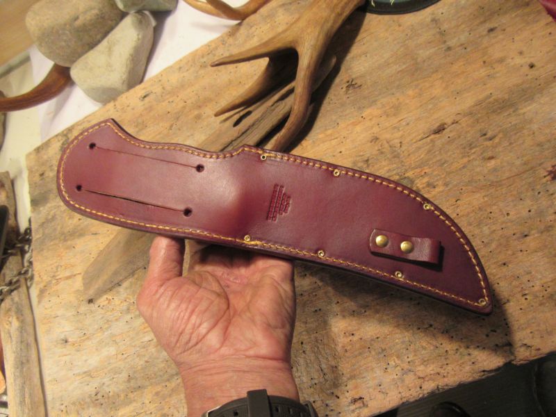   Big Six 6" Hunter Drop Tine sambar Stag Horsehide brass guard and butt cap. 