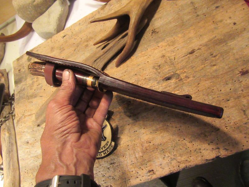   Big Six 6" Hunter Drop Tine sambar Stag Horsehide brass guard and butt cap. 