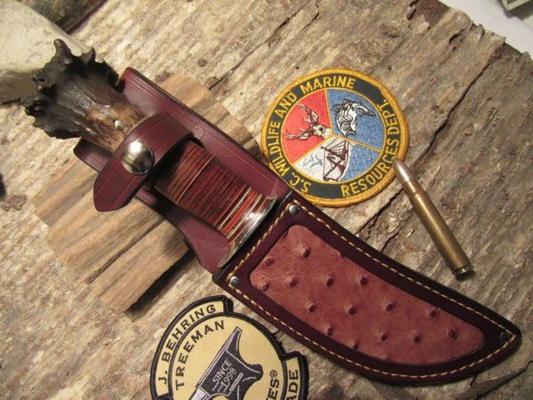            J.Behring handmade 5 1/4"  Woodmonk Hunter Ostritch inlay