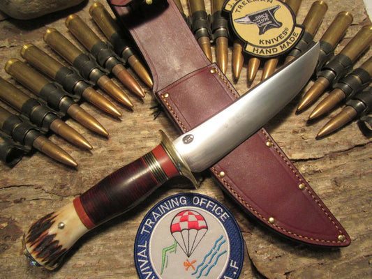       J. Behring Double Skull Fighter 7 1/2" Blade Horsehide Red Stag Butt