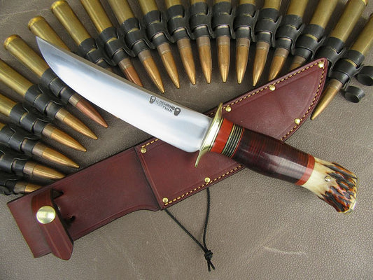       J. Behring Double Skull Fighter 7 1/2" Blade Horsehide Red Stag Butt