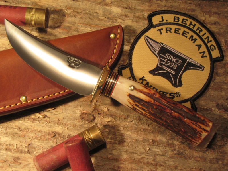 J. Behring Handmade Michigan Hunter Caper 3 3/4" Blade Red Stag Ox Butt 