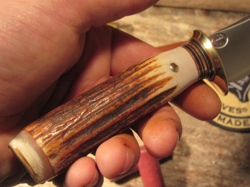 J. Behring Handmade Michigan Hunter Caper 3 3/4" Blade Red Stag Ox Butt 