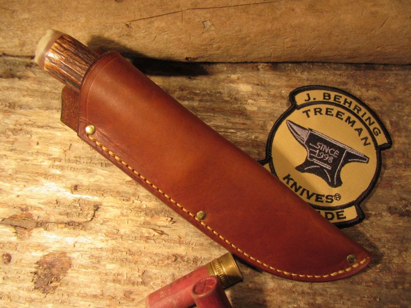 J. Behring Handmade Michigan Hunter Caper 3 3/4" Blade Red Stag Ox Butt 