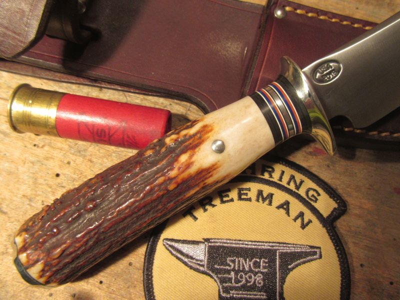            J.Behring 4 1/2" Trout and Deer Sambar Stag Nickel Butt