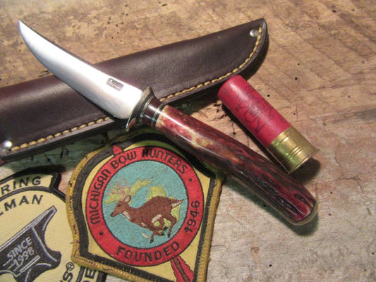                                            Montana Trout Knife Red Blood Sambar Stag Musk Ox Handle
