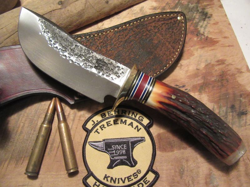 J. Behring Handmade Woodmonk Hammermark 5 1/2" Blade Killer Red Satg Ox Butt 