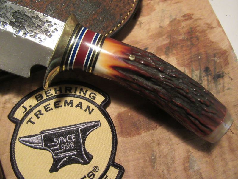 J. Behring Handmade Woodmonk Hammermark 5 1/2" Blade Killer Red Satg Ox Butt 