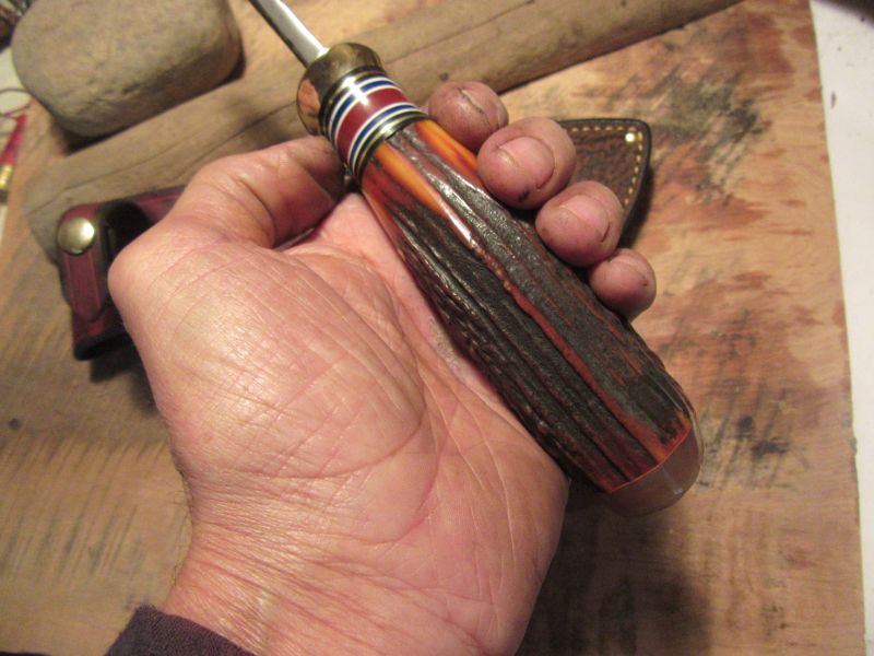 J. Behring Handmade Woodmonk Hammermark 5 1/2" Blade Killer Red Satg Ox Butt 