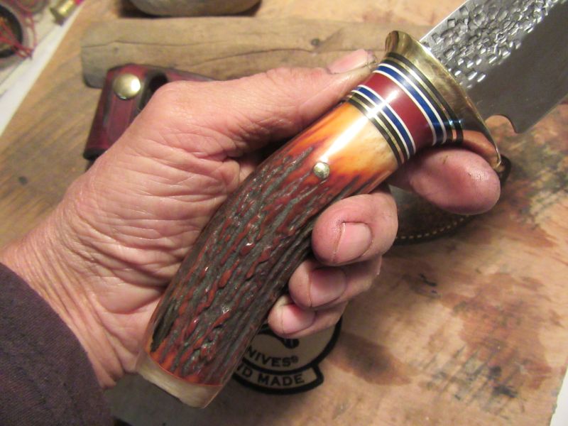 J. Behring Handmade Woodmonk Hammermark 5 1/2" Blade Killer Red Satg Ox Butt 