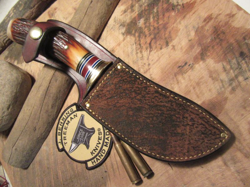J. Behring Handmade Woodmonk Hammermark 5 1/2" Blade Killer Red Satg Ox Butt 