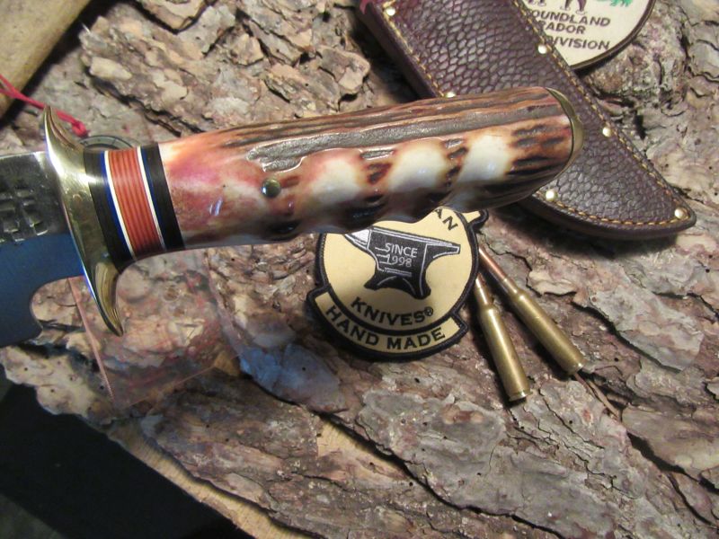 J. Behring Handmade Big Six Hunter 6 1/4" Blade Finger Grip Sambar Stag 