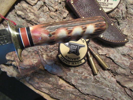 J. Behring Handmade Big Six Hunter 6 1/4" Blade Finger Grip Sambar Stag 