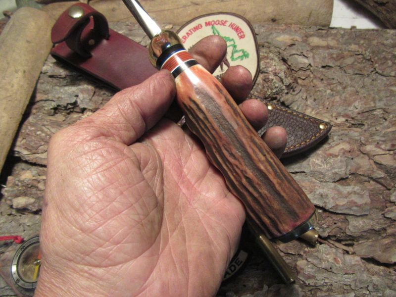 J. Behring Handmade Big Six Hunter 6 1/4" Blade Finger Grip Sambar Stag 