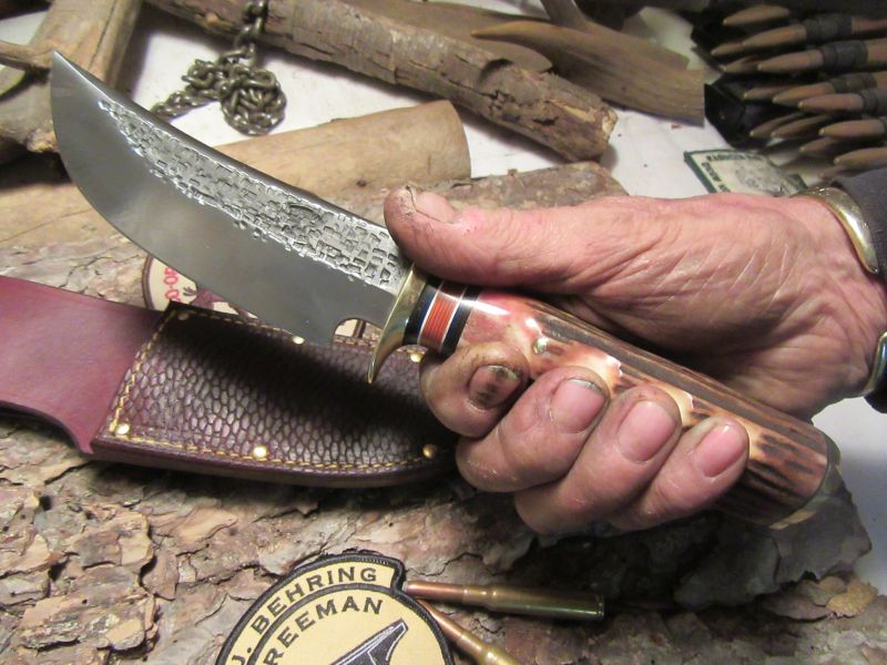 J. Behring Handmade Big Six Hunter 6 1/4" Blade Finger Grip Sambar Stag 