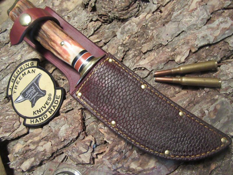 J. Behring Handmade Big Six Hunter 6 1/4" Blade Finger Grip Sambar Stag 