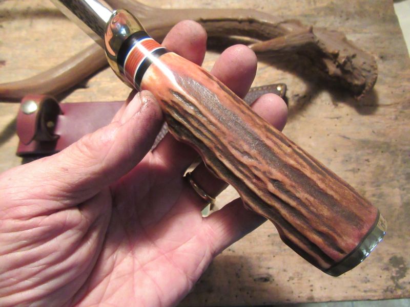J. Behring Handmade Big Six Hunter 6 1/4" Blade Finger Grip Sambar Stag 