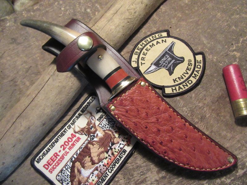 J. Behring Deer & Trout Musk Ox Horn tine with Ostrich sheath 