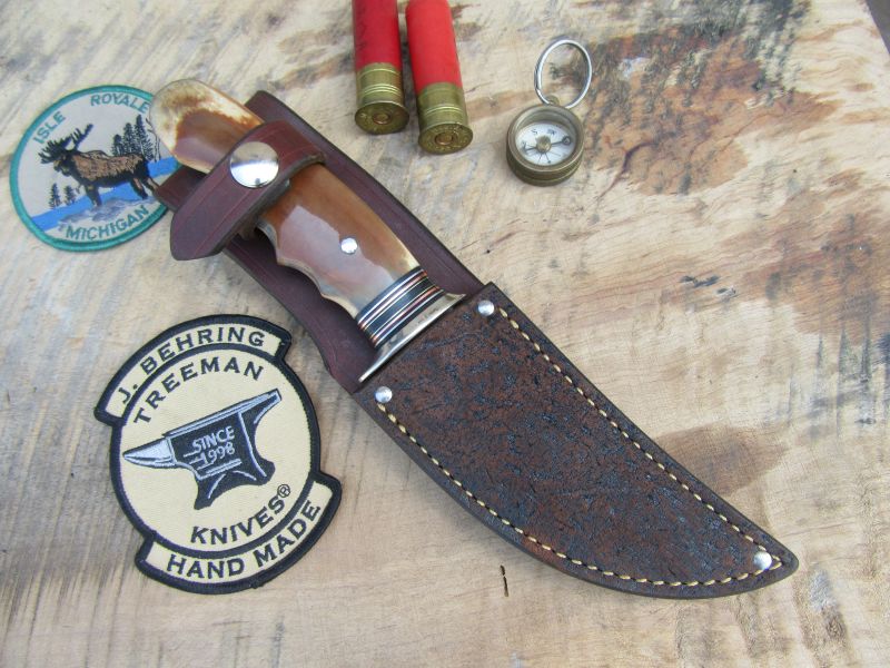      J. Behring Handmade Michigan Hunter Blue Brown Tan Ivory  Giraffe hide Sheath