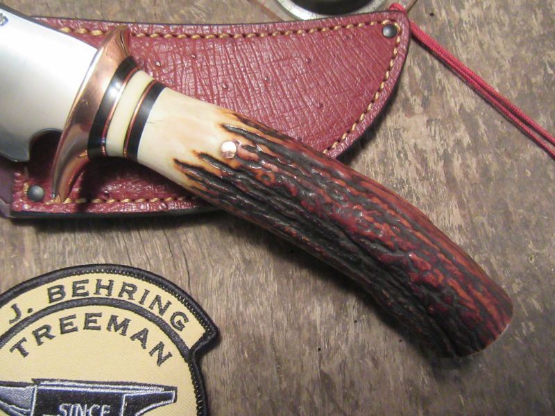                         J. Behring Handmade Fox River hunter Copper Guard Red Sambar Stag Ostritch Sheath