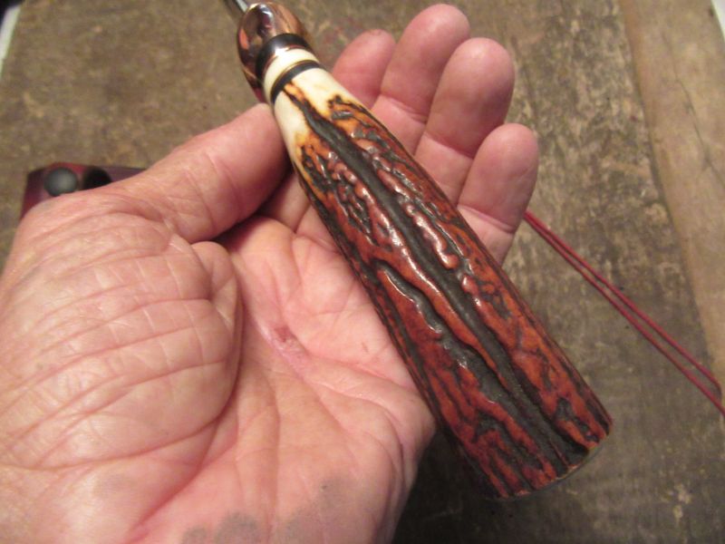                         J. Behring Handmade Fox River hunter Copper Guard Red Sambar Stag Ostritch Sheath