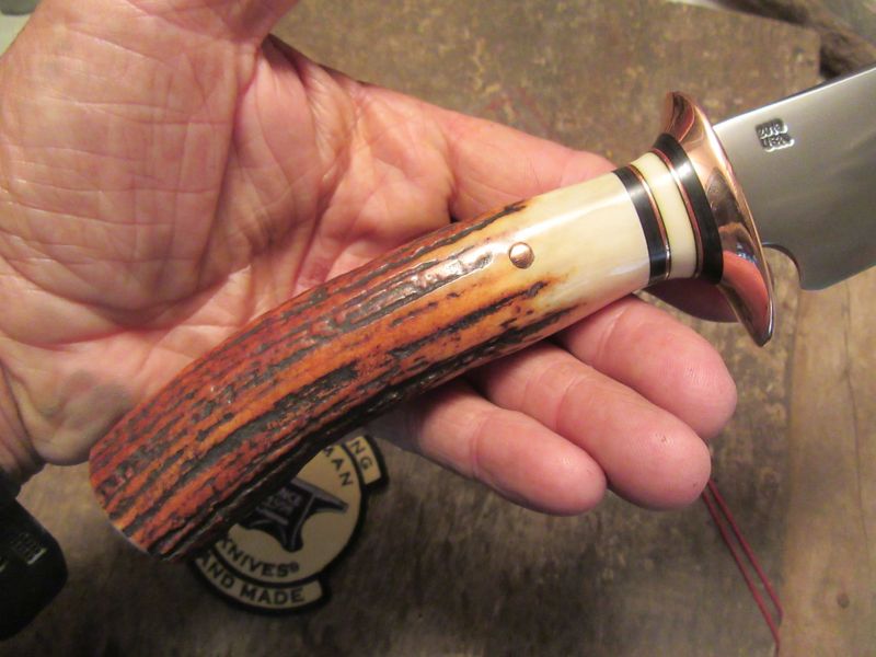                         J. Behring Handmade Fox River hunter Copper Guard Red Sambar Stag Ostritch Sheath
