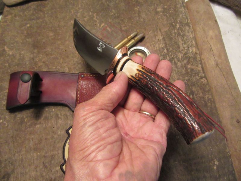                         J. Behring Handmade Fox River hunter Copper Guard Red Sambar Stag Ostritch Sheath