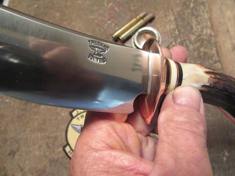                         J. Behring Handmade Fox River hunter Copper Guard Red Sambar Stag Ostritch Sheath