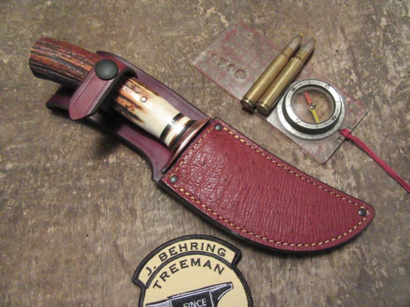                         J. Behring Handmade Fox River hunter Copper Guard Red Sambar Stag Ostritch Sheath