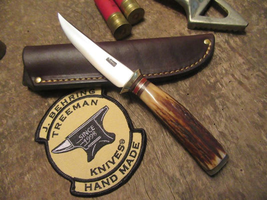                          Trout Knife 120 year Old German Stag Ox Cap Old Maroon form Fit Pouch