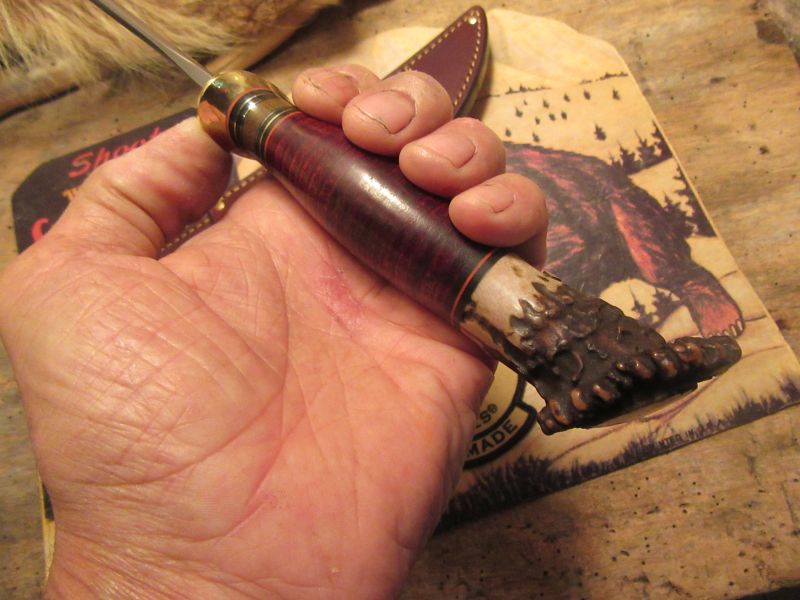 J. Behring Handmade 7" Camp Hunter knife Moss Green Horsehide Crown Stag