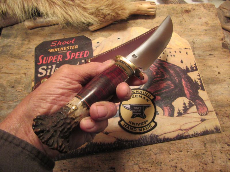 J. Behring Handmade 7" Camp Hunter knife Moss Green Horsehide Crown Stag