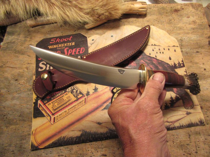 J. Behring Handmade 7" Camp Hunter knife Moss Green Horsehide Crown Stag