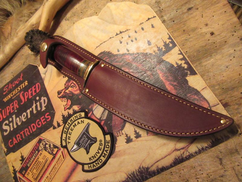 J. Behring Handmade 7" Camp Hunter knife Moss Green Horsehide Crown Stag