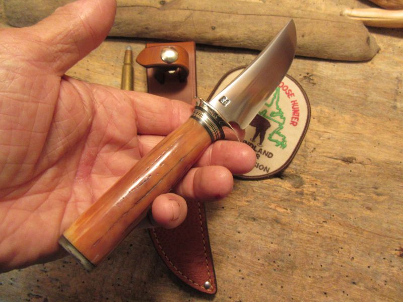   J. Behring Handmade Artifact ivory Deer & Trout Knife Ox Butt Cap