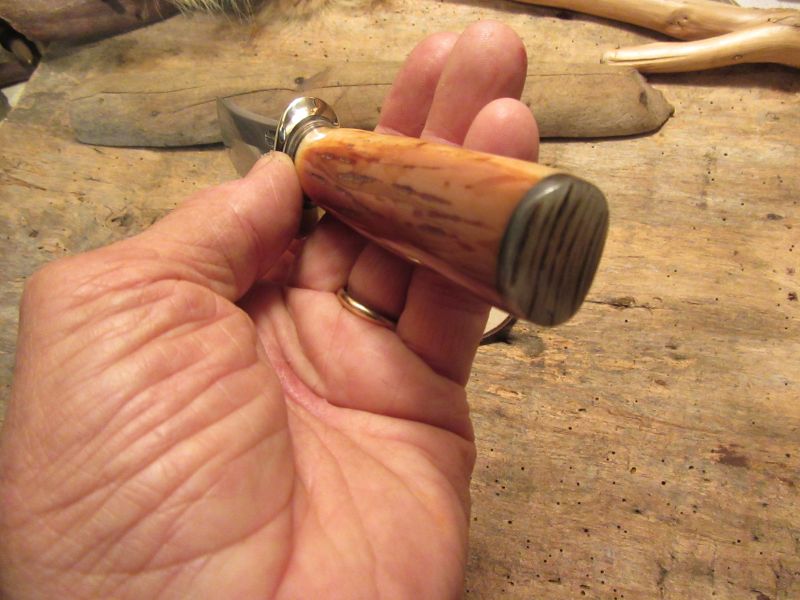   J. Behring Handmade Artifact ivory Deer & Trout Knife Ox Butt Cap