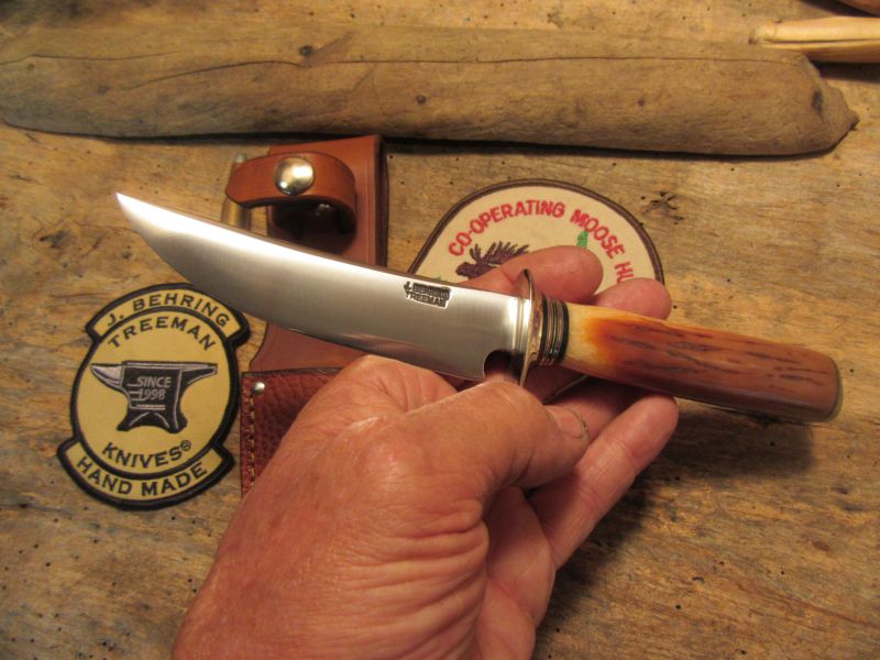   J. Behring Handmade Artifact ivory Deer & Trout Knife Ox Butt Cap